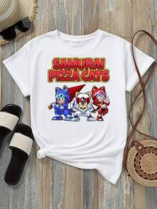 Camiseta de Mujer con Estampado de Samurai Pizza Cats, Opciones en Blanco y Negro, Camiseta Gráfica, Camisetas Casuales para Uso Diario, Tops de Verano, Camisetas Gráficas, Conjuntos de Verano para Mujer, Camisetas Cortas para Mujer, Camisetas Vintage de Algodón, Ropa Linda para Mujer, Playera Holgada para Mujer - Blanco - Ver 2