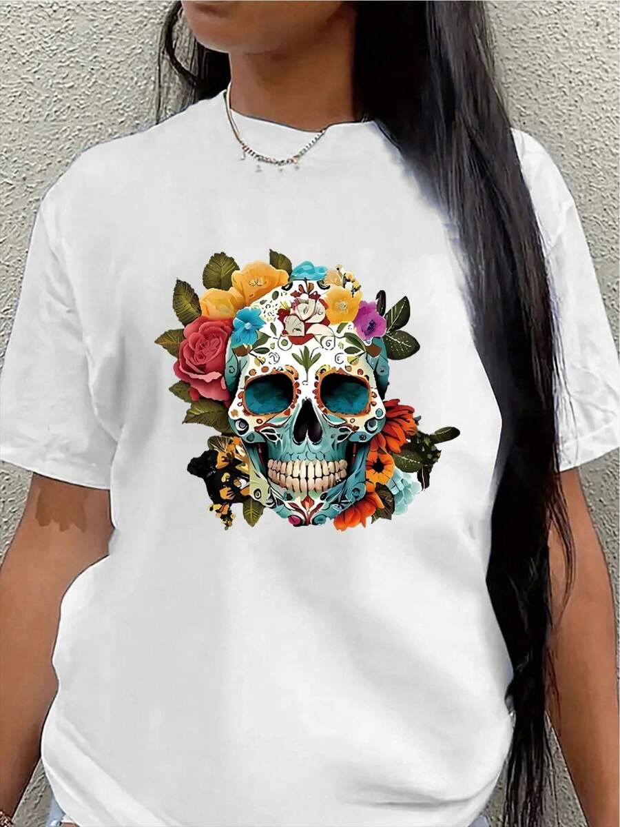 Lightweight And Durable Short-Sleeved T-Shirt With Vibrant Skull And Flower Prints, Perfect For Casual Occasions, Parties, Festivals, Or Everyday Wear. Women's Casual Blouse - 白色 - 查看 1