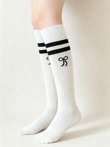 1雙四季通用兒童襪，雙條紋蝴蝶結透氣百搭女童襪，適合學校與日常穿著 - 白色 - 查看 3