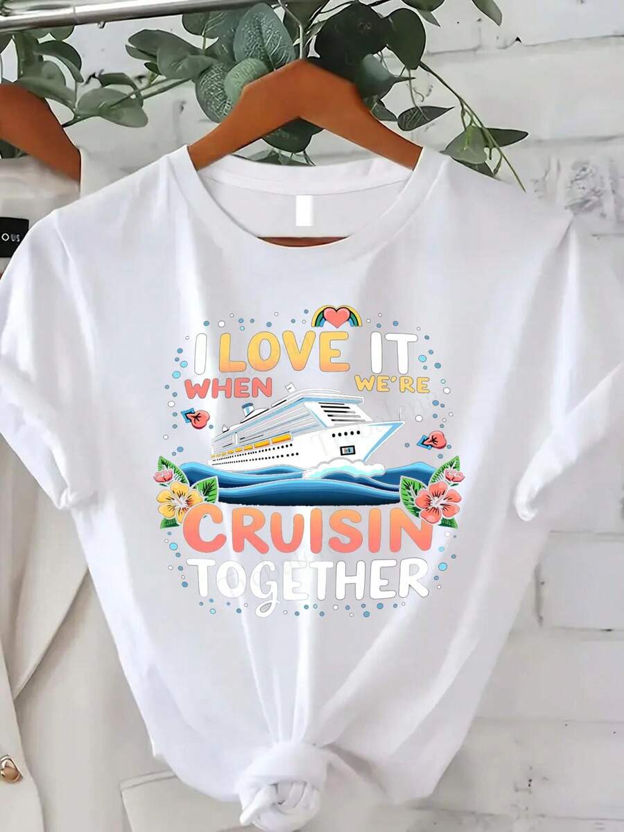 Camiseta Deportiva Casual para Mujer de Manga Corta con Diseño Gráfico Temático de Crucero - Camiseta Elástica de Cuello Redondo, Lavable aáquina, Ajuste Cómodo y para Todas las Estaciones. - Blanco - Ver 1
