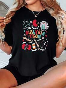 Camiseta de Mujer Casual con Cuello Redondo, Opciones en Blanco y Negro, Estampado Gráfico de Corazón y Riñón para Técnicos de Diálisis, Camisetas para Uso Diario, Tops de Verano, Camisetas Gráficas, Conjuntos de Verano, Camisetas Cortas para Mujer, Ropa Linda de Algodón Vintage para Mujer, Playera Holgada para Mujer - Negro - Ver 7