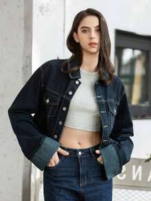 Chaqueta casual de mujer de unicolor de denim con solapa y manga larga - Azul marino - Ver 6