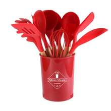 Wooden Handle Silicone Kitchen Utensils 12-Piece Set: Non-Stick Pan Spatula And Spoon, Complete Household Kitchen And Baking Tool Set With Storage Bucket. The Set Includes A Spatula, Ladle, Slotted Spoon, Scraper, Oil Brush, Whisk, Food Tongs, And Other Practical Tools. Comes With A Matching Storage Bucket, Making It Suitable For All Cooking Scenarios Including Frying, Stir-Frying, Braising, Deep-Frying, And Baking. - Red - View 3