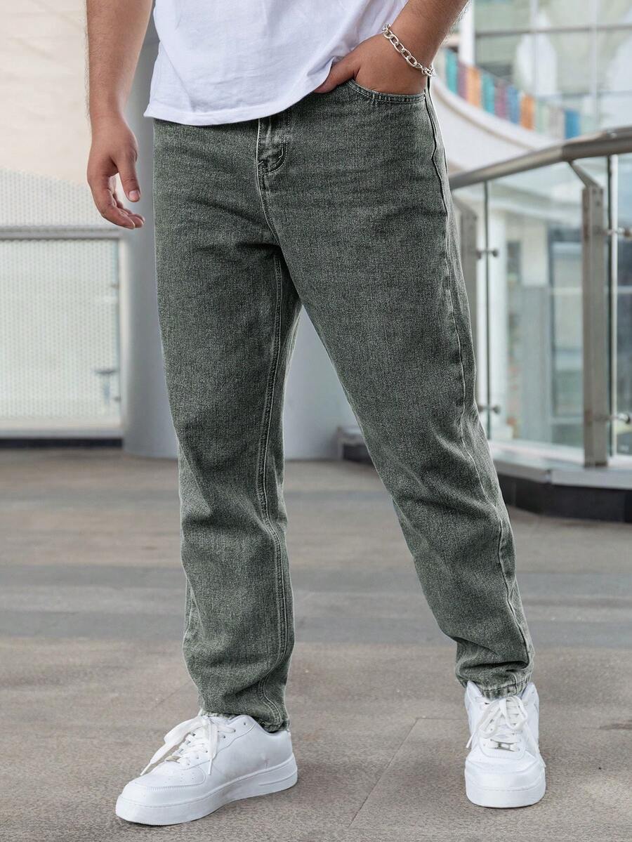 Jeans rectos casuales de unicolor para hombres - Verde militar - Ver 1