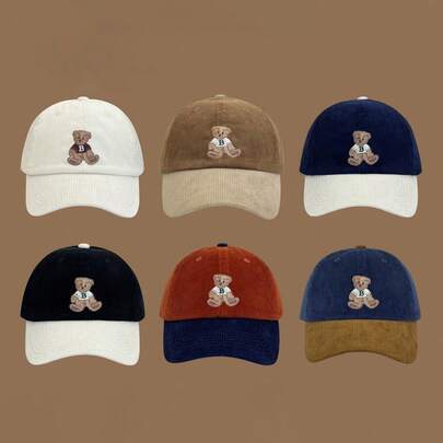 Teddy Bear Embroidered Corduroy Baseball Cap, Unisex Adjustable Soft Top Snapback Hat, Vintage Versatile Casual Sun Hat Suitable For Spring & Autumn Outings And Daily Wear
