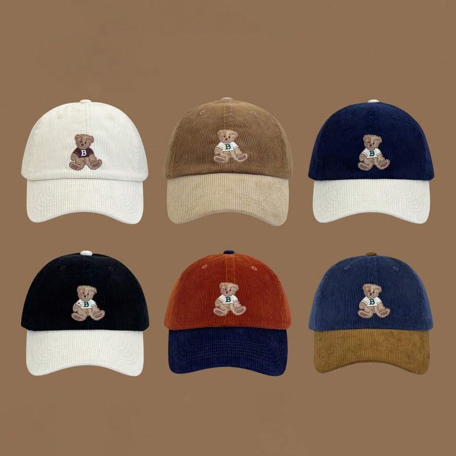 Mũ lưỡi trai nhung kẻ thêu hình gấu Teddy, mũ lưỡi trai unisex điều chỉnh được, mũ snapback mềm mại, kiểu dáng cổ điển đa năng, phù hợp cho các chuyến đi chơi mùa xuân và mùa thu cũng như sử dụng hàng ngày. - mũ bóng chày - Xem 1