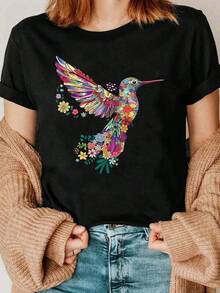 100% Algodón Premium 180g .¡Oferta Especial!Playera.Exquisitas diseño colibrí camiseta de mujer casual con estampado vibrante y artístico para uso diario o eventos especiales, disponibles en varios tamaños y colores como negro y gris, moda ecológica de alta calidad popular en  actuales.Camiseta Streetwear Unisex Ideal para Conciertos y Regalo - Negro - Ver 1