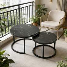 Juego de Mesa de Centro Nesting 2 Mesas Auxiliares Redondas Estructura de Metal Resistente con Tapa con Aspecto de Mármol Diseño Minimalista para Espacios Pequeños Salón Apartamento - Negro - Ver 9