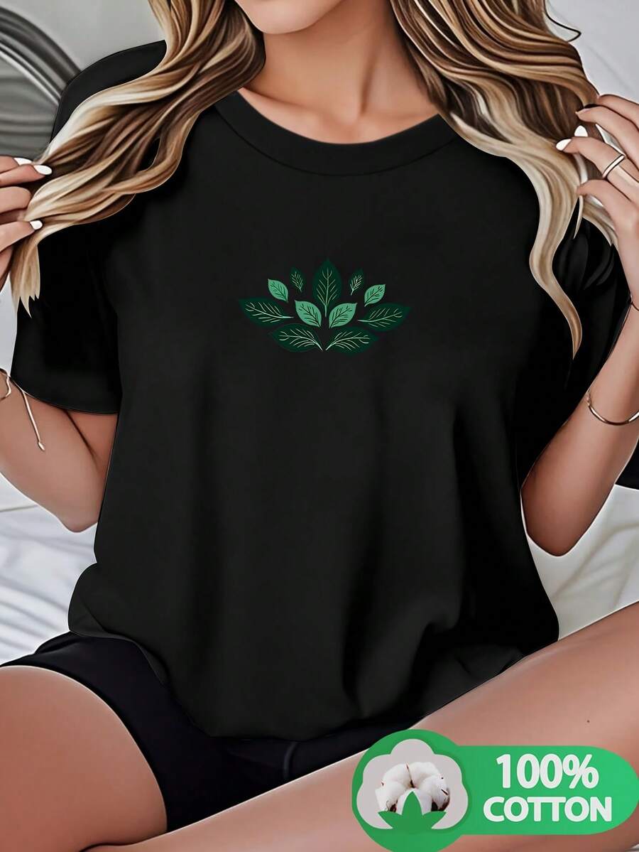 Camiseta de mujer con un patrón simétrico de hojas verde claro y oscuro, nueva colección de verano y otoño, cuello redondo, moderna, transpirable, casual, versátil, de manga corta y 100% algodón, adecuada para viajes familiares, vacaciones y actividades de ocio. Camisetas para Mujer. - Negro - Ver 1