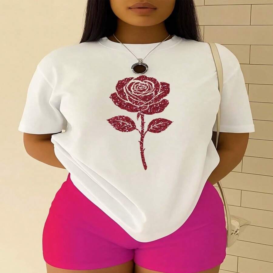 Plus Size T-Shirt With Rose And Valentine Print, Short Sleeve, Round Neck, Casual Top For Summer And Spring, Women's Clothing S-XXXL - 白色 - 查看 1
