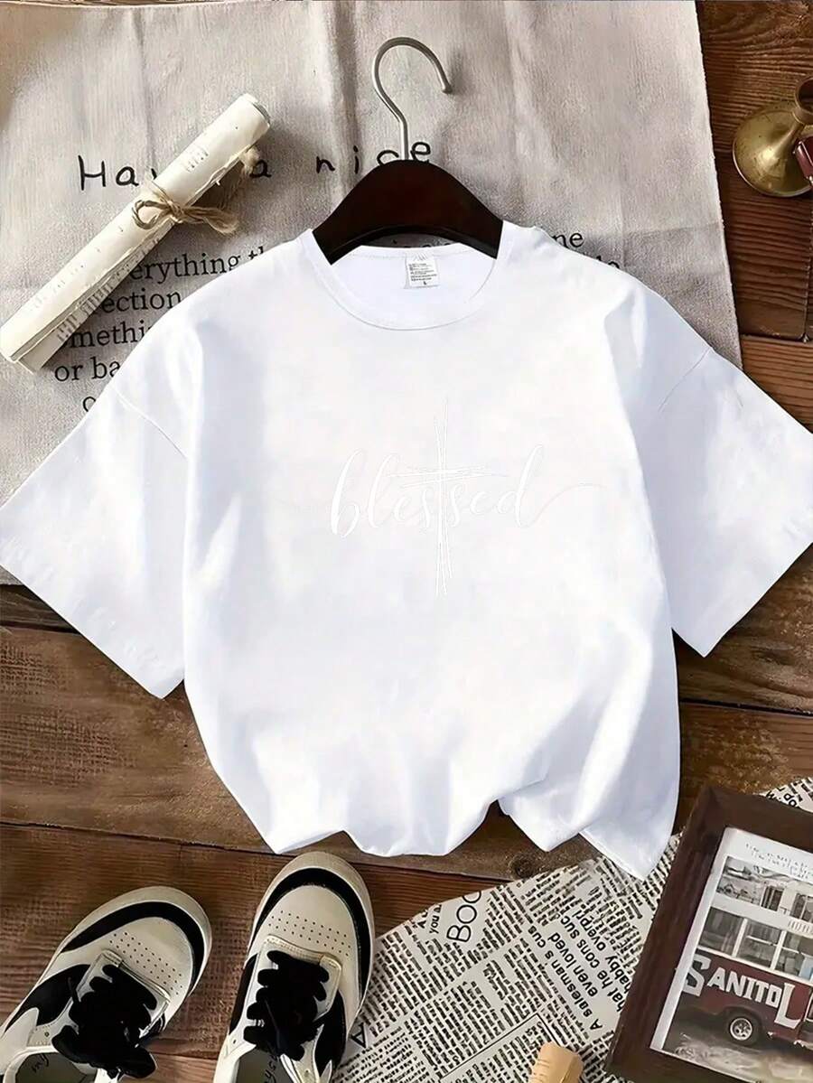 1 Piece Of Elegant Women's T-Shirt With Round Neck And Short Sleeves, Casual Style For All Seasons, With A Creative Graphic Print 'BLESTSED'. - 白色 - 查看 1