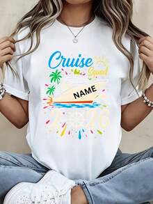 Women's Oversized Short-Sleeved T-Shirt, Round Neck, With Custom Print Of Cruise Ship, Palm Tree And Sun, Name 2026, For Summer, Vacation, Travel, Parties. 100% Cotton. - 白色 - 查看 1