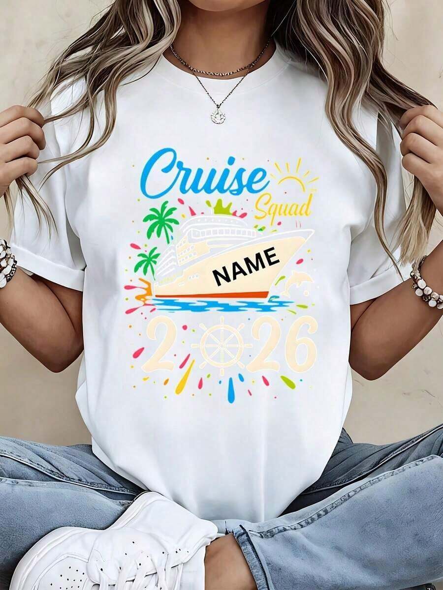 Women's Oversized Short-Sleeved T-Shirt, Round Neck, With Custom Print Of Cruise Ship, Palm Tree And Sun, Name 2026, For Summer, Vacation, Travel, Parties. 100% Cotton. - 白色 - 查看 1