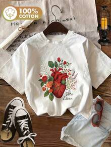Camiseta con estampado gráfico, Top casual de manga corta con cuello redondo para verano y primavera, Ropa de mujer - Blanco - Ver 2