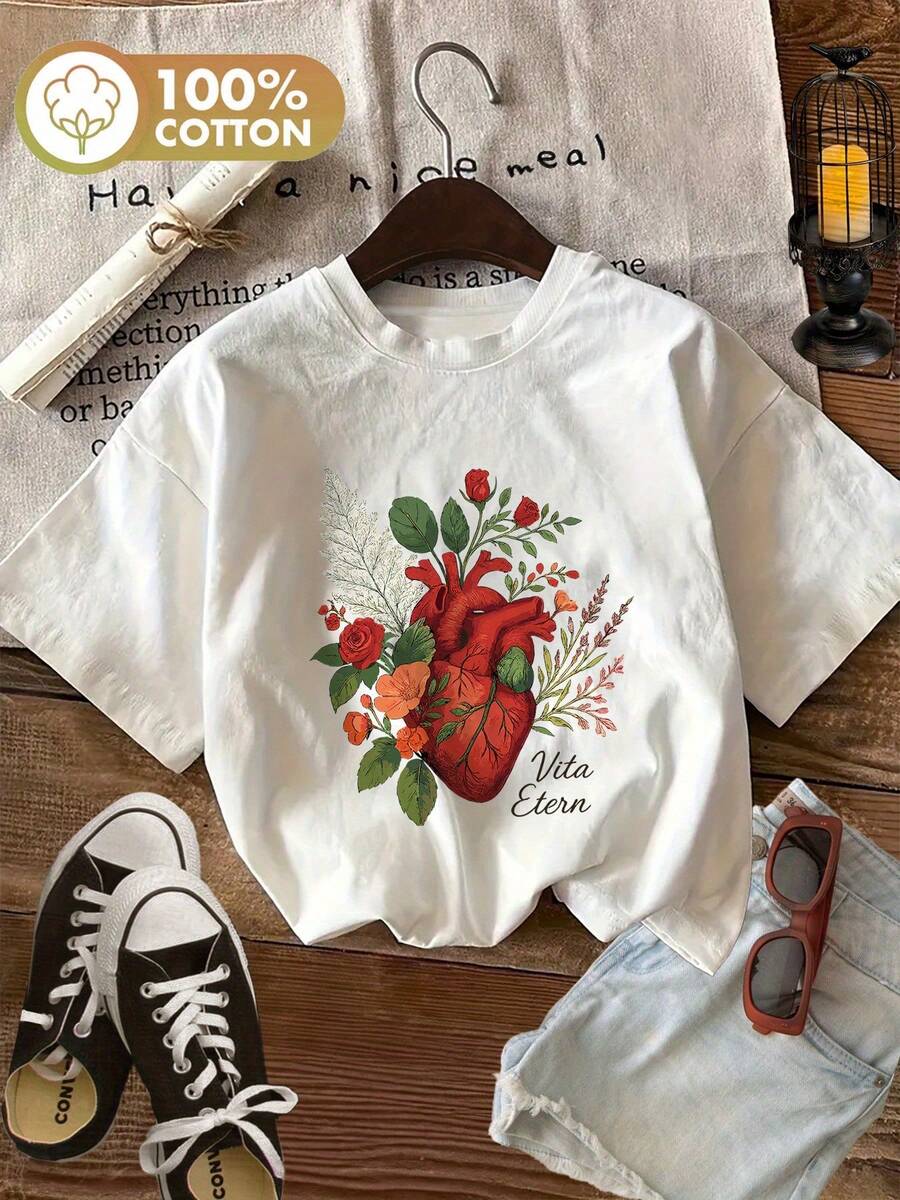 Camiseta con estampado gráfico, Top casual de manga corta con cuello redondo para verano y primavera, Ropa de mujer