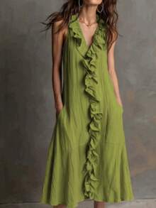 Women's Cotton And Linen Swing Dress, Sleeveless, V-Neck, Solid Color, Ruffled Trim, Spring-Summer - Hijau Tentara - View 1