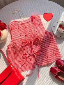 2026 Nuevo Verano Elegante, de Vacaciones, Informal, Y2k, Primavera Día de San Valentín Blusa Casual con Estampado de Corazón y Lazo Frontal para Mujer Blusa a Cuadros Rojos, Blusa Roja a Cuadros, Blusa Roja con Estampado de Corazón, Blusa Roj - Multicolor - Ver 8