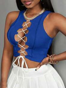 Top corto sin mangas con contraste de color acanalado, estilo casual básico, deportivo, sexy y de calle Y2K para mujeres - azul real - Ver 6