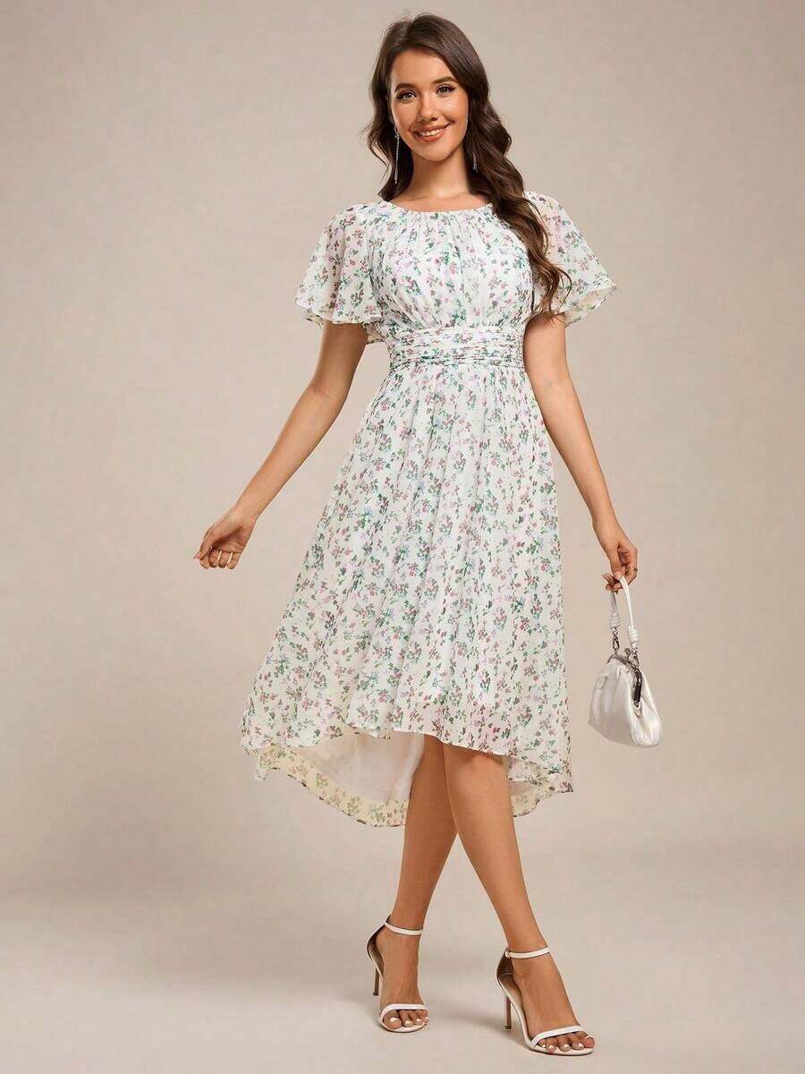 Vestido de dama de honor de gasa con pliegues y mangas con volantes, vestido de noche elegante para invitados de boda en primavera - Multicolor - Ver 1