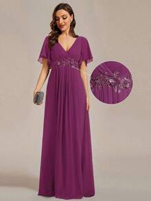 Elegante vestido de dama de honor de gasa con cuello en V, mangas con volantes bordados y plisados, vestido de noche formal para invitados de boda - Rojo violeta - Ver 3