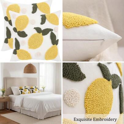 Embroidered Throw Pillow Covers 18x18 Pack Of 2 Yellow Lemon Pillow Cushion Cases Farmhouse Decor Square Tufted Pillowcases Spring Summer Sofa Couch Bedroom