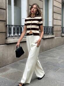 Blusa de punto de manga corta con rayas de color contrastante para mujer - Multicolor 3 - Ver 6