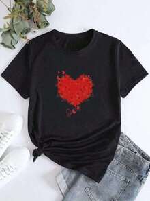 1 pcsCamia mujer azafrán corazón estampado mariposa primavera y verano casual suelta cuello redondo manga corta180g 100% Cotton,The patterns are all printed. Unisexo. - Negro - Ver 3