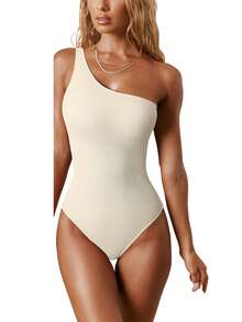 Women Romper, Sleeveless Off Shoulder Knitting Solid Color Spring Summer Bodysuit Jumpsuit - Off-white - View 3