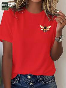 Comfortable Women's T-Shirt With Realistic Bee Design (Top View) - [紅色的] - 查看 1