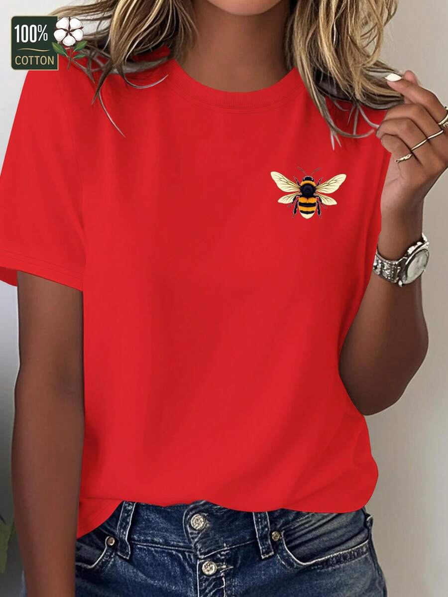 Comfortable Women's T-Shirt With Realistic Bee Design (Top View) - [紅色的] - 查看 1