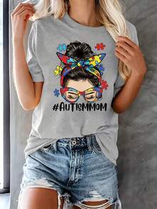 Printed T-Shirt For Mother's Day With The Letters 'Autism' And A Cartoon Character Design - Light Grey - View 7