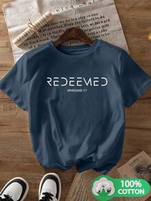 Women's Classic Christian Short-Sleeved T-Shirt With "Bible" "REDEEMED" "EPHESIANS 43" Letter Print. 18cm. New, Round Neck, Fashionable, Breathable, Casual, Versatile, All-Purpose, Can Be Casually Combined For Various Leisure And Entertainment Places And Scenes. - Dark Blue - 查看 1