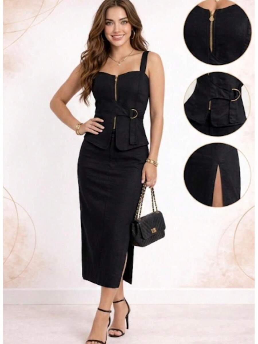 2-PIECE SET: STRAP TOP WITH ZIPPER + LONG SKIRT WITH SIDE SLIT - ELEGANT AND CHIC. - 黑色 - 查看 1