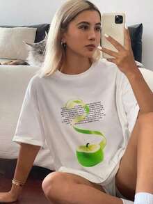 Women's Casual Loose Fit T-Shirt With Lemon Print, Breathable And Comfortable, Short Sleeve, Round Neck, Green Lemon Print And Text, Soft Cotton, Perfect For Everyday Wear And Minimalist Urban Style - 白色 - 查看 5