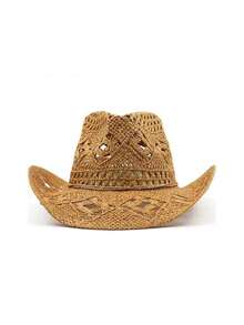 1pc Solid Color Casual Hollow-Out Decor UV Protection Woven Panama Hat, Versatile Western Cowboy Sun Hat, Suitable For All Seasons, For Women - Panama Straw Hat - View 9