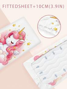 1件装可爱粉色独角兽儿童床单，110克厚柔软面料，云朵星星卡通图案，适合女孩卧室装饰、幼儿床和游戏室。 - 彩色 - 查看 5