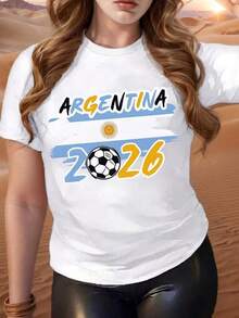 Women's Short-Sleeved T-Shirt With Round Neck And Print, Argentina Flag Football 2026, Sizes S-3XL, Fashionable, Comfortable And Breathable, Machine Washable. - 白色 - 查看 1