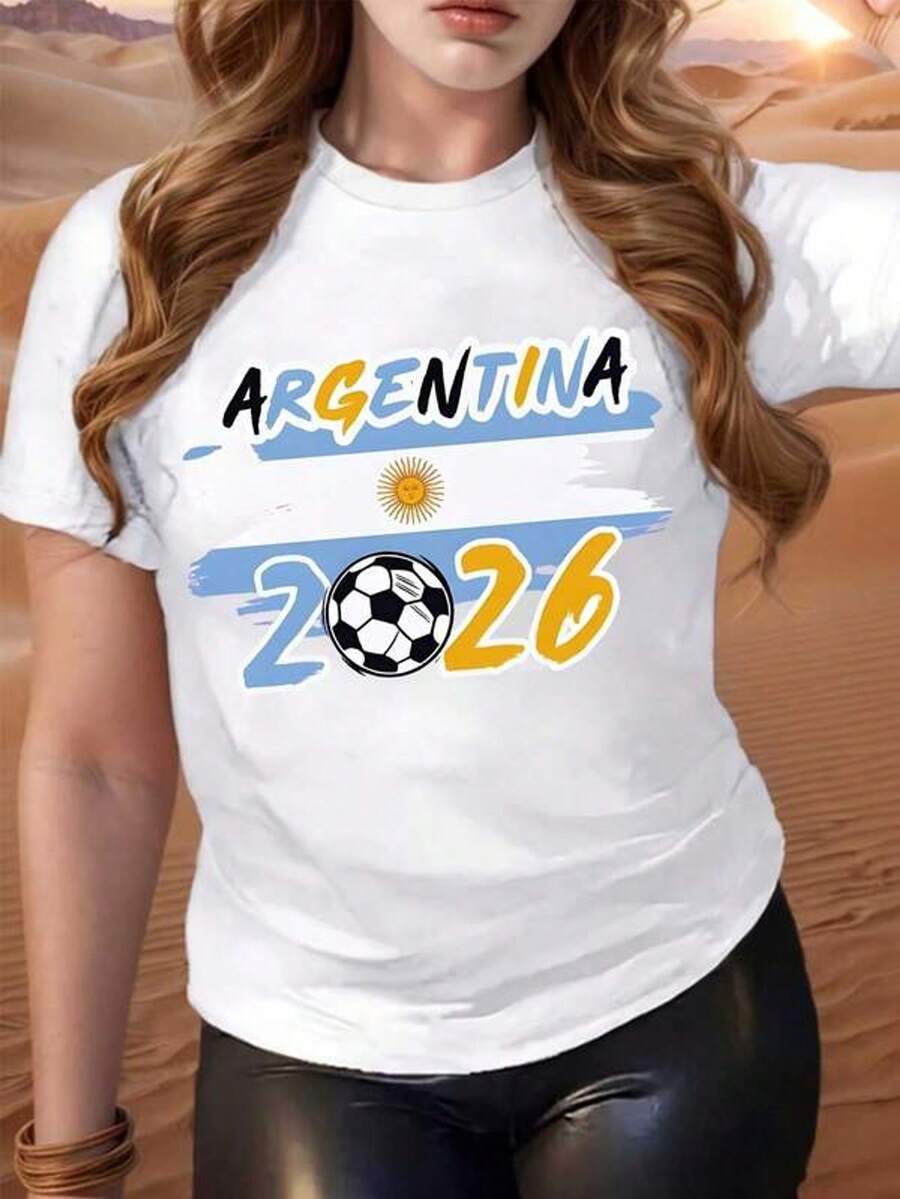 Women's Short-Sleeved T-Shirt With Round Neck And Print, Argentina Flag Football 2026, Sizes S-3XL, Fashionable, Comfortable And Breathable, Machine Washable. - 白色 - 查看 1