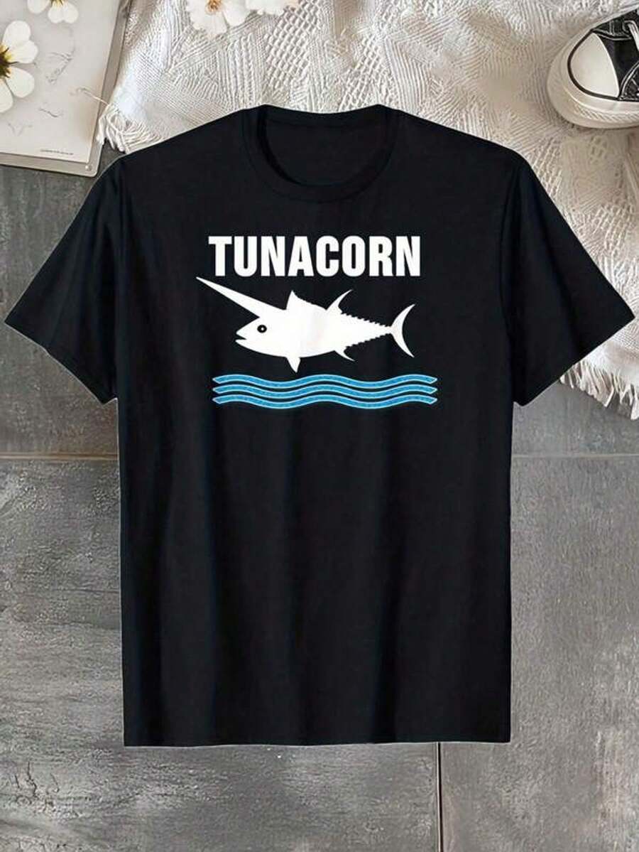 Women's Short Sleeve T-Shirt With Round Neck And Print: Tuna Fish, Unicorn With Horn And Waves, Sizes S-3XL. Fashionable, Comfortable, And Breathable. Machine Washable. - 黑色 - 查看 1