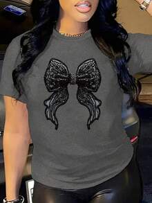Women's Oversized Grey Summer 2026 T-Shirt With Shiny Black Rhinestone Bow. Oversized Grey T-Shirt With Shiny Bow, Ideal For Casual And Evening Outfits. - YH617-灰色 - 查看 1