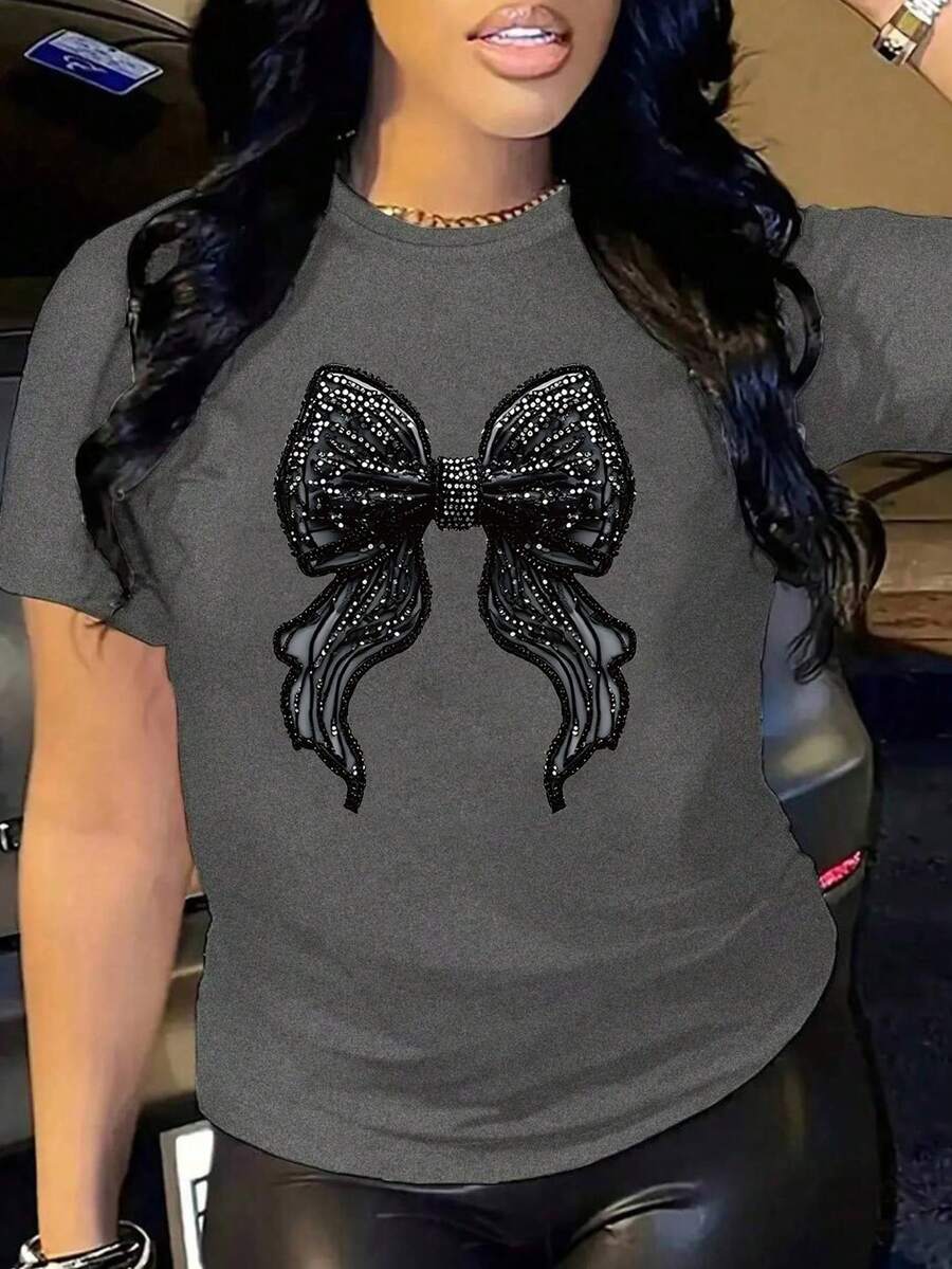 Women's Oversized Grey Summer 2026 T-Shirt With Shiny Black Rhinestone Bow. Oversized Grey T-Shirt With Shiny Bow, Ideal For Casual And Evening Outfits. - YH617-灰色 - 查看 1