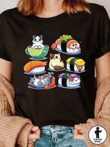 New 2026 Camisetas Para Mujer,Camiseta única y divertida con diseño de gatos adorables y sushi en estilo y2k, perfecta para los amantes de la moda y la cultura pop en México, material cómodo y ligero, ideal para cualquier ocasión casual, ¡exprésate con este look único! - Negro - Ver 1