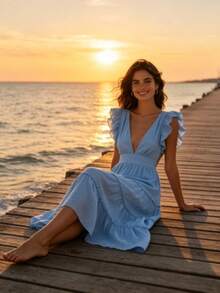 Women's Deep V-Neck Tiered Maxi Dress, Backless Flutter Sleeve Flowy Beach Vacation Dress - Màu xanh nhạt - Xem 2