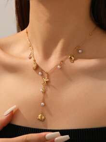 RAYQUEEN 1pc Stainless Steel Ocean Series Shell, Starfish, Dolphin, Tropical Fish Pendant Necklace, Suitable For Holiday Gifts And Beach Vacation - Yellow Gold - View 2
