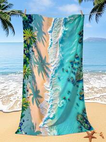 250gsm Super Absorbent Quick Dry Microfiber Beach Towel With Sunny Coconut Tree Pattern, Suitable For Beach, Pool, Yoga Mat, Sunscreen Shawl, Summer Travel, Camping, Swimming, Picnic - Cadet Blue - View 2