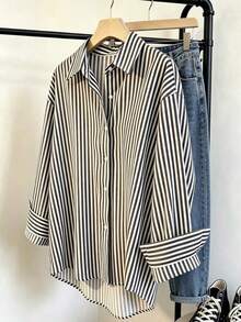 Camisa de mujer de manga larga a rayas, de un solo pecho, casual y versátil para uso diario - Blanco y Negro - Ver 6