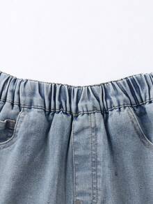 Annil [Quần ống rộng bằng vải denim mềm mại nguyên chất] Quần jean denim gấu rách màu xanh nhạt thời trang mùa hè cho bé gái, giúp thon gọn và tôn dáng. - Quần jean màu xanh nhạt - Xem 4