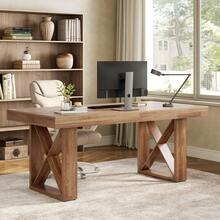 Tribesigns 63-Inch Long Computer Desk, Simple Wood Thick Appearance Design, Study Writing Gaming Work Executive Desk For Home Office, Walnut - 核桃 - 查看 2