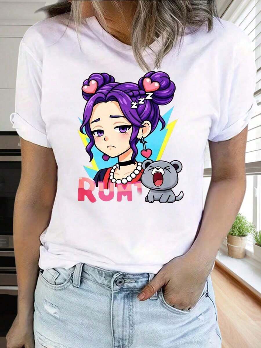 Limited Time Offer, Limited Quantity Available, Lightning, Women's Shirts, Women's T-Shirts. Printed T-Shirt With A Cute Little Girl With Purple Hair, Including A Sleeping Bear And The Word "Running". A Casual And Stylish Women's Garment. - 白色 - 查看 1