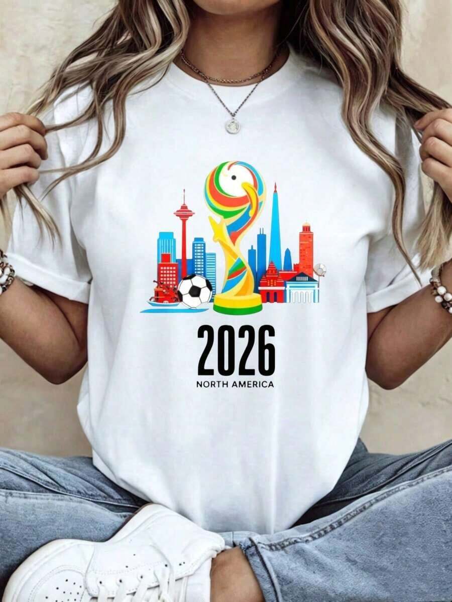 Camiseta de moda de la Copa del Mundo para mujer, camiseta de manga corta con cuello redondo, estilo casual, para mujer. - Blanco - Ver 1
